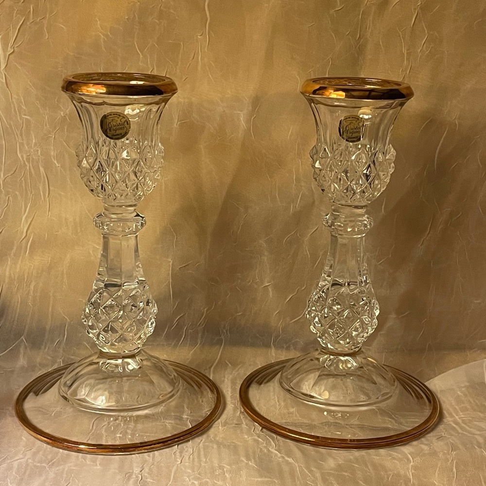 Cristal D’Arques-set of 2- candle holders genuine lead crystal/gold rim & bottom